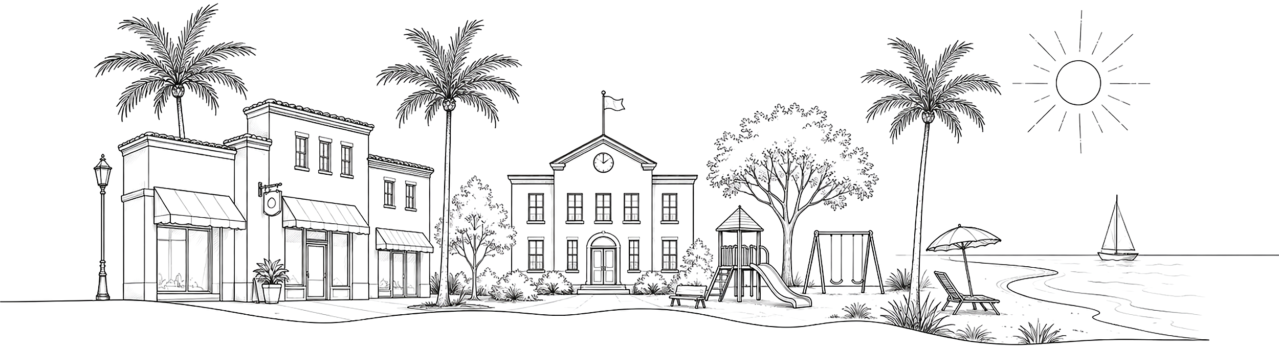 Line drawing of storefronts, palm trees and a street lamp in Melbourne, Florida