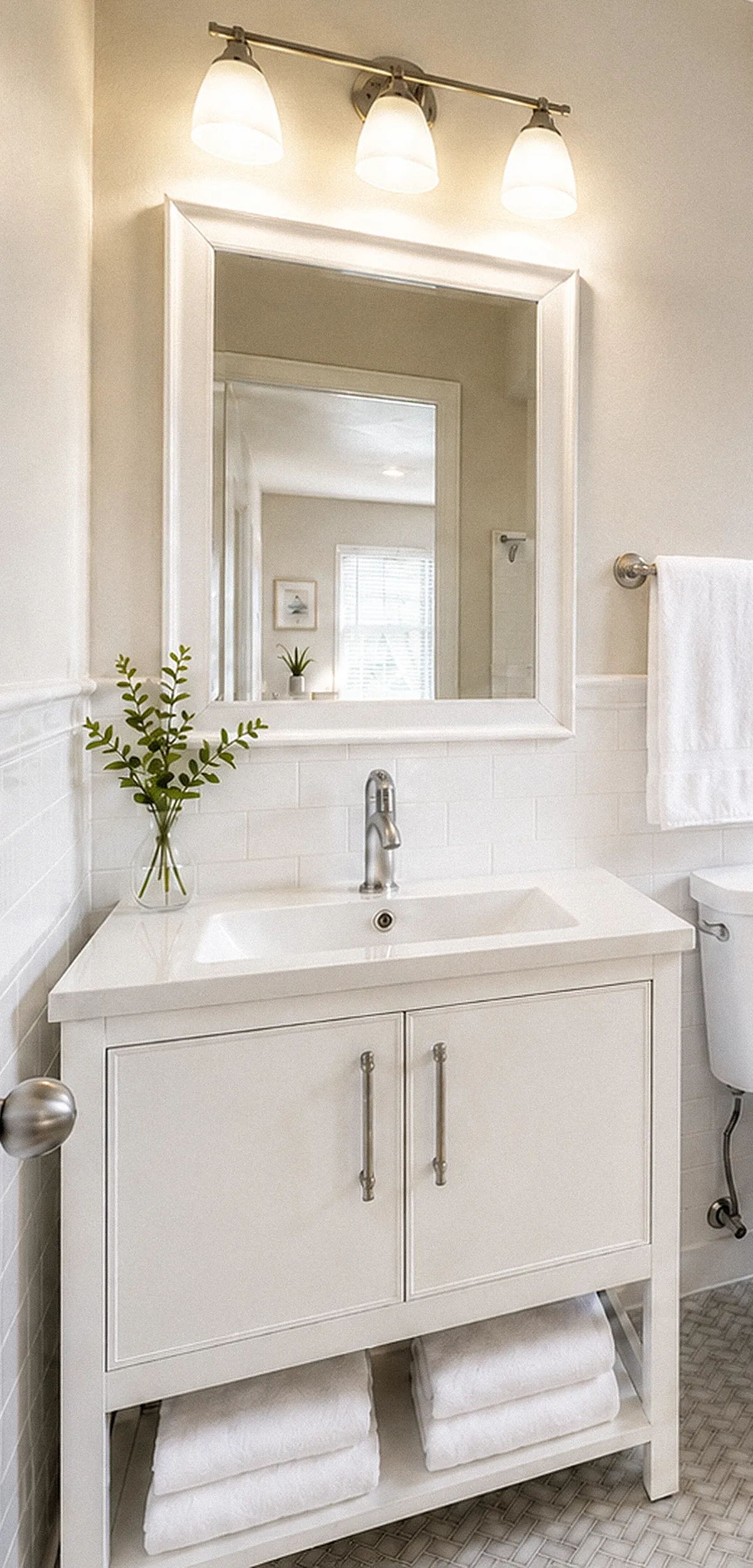 Renovated Signature bathroom vanity with framed mirror at Summerset Apartments, Melbourne FL