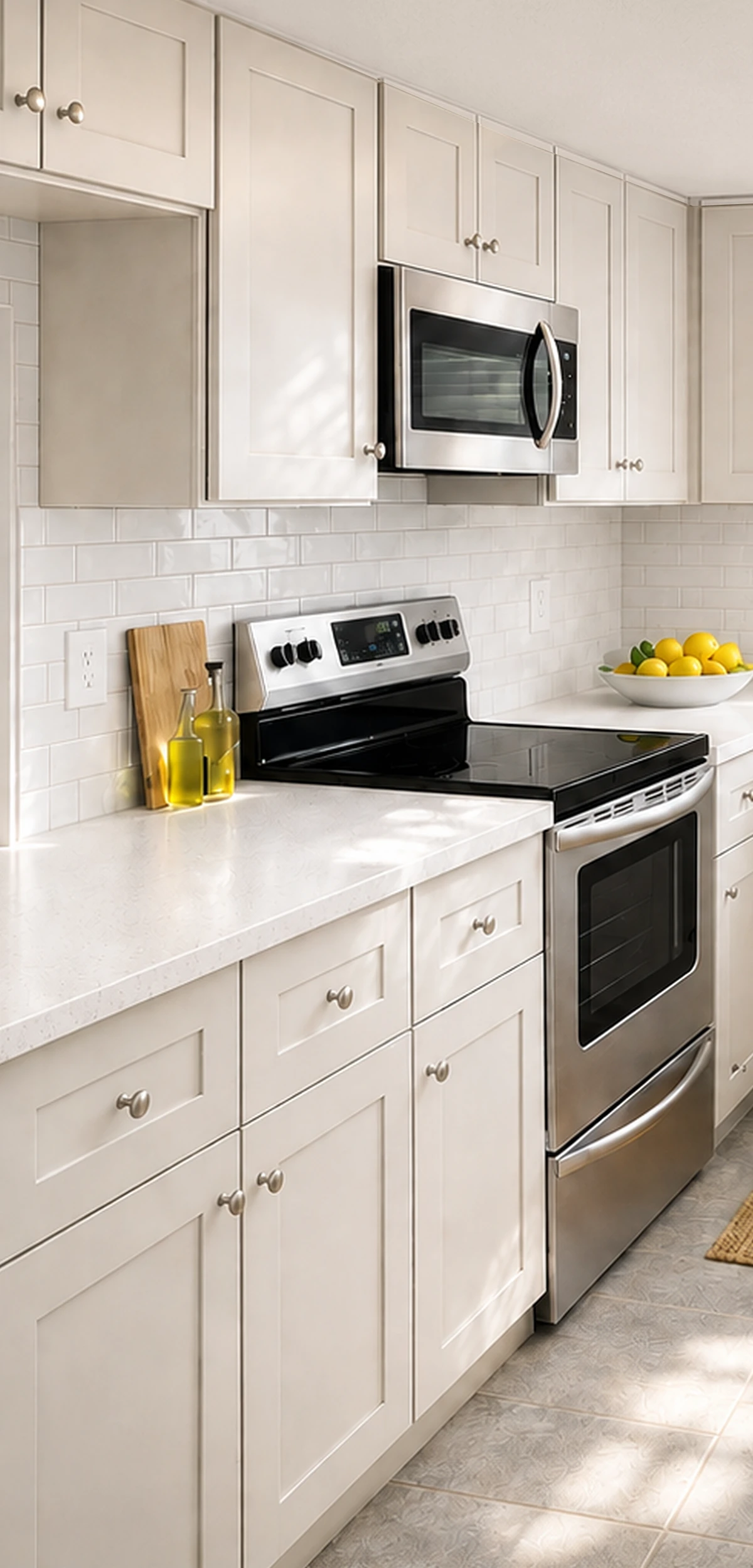 Renovated Signature kitchen with white cabinets, stainless steel range and built-in microwave